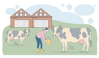 Woman milking a cow on green farm field with another cow and barn buildings in background, cartoon style, blue sky with clouds. Concept of agriculture. Vector illustration