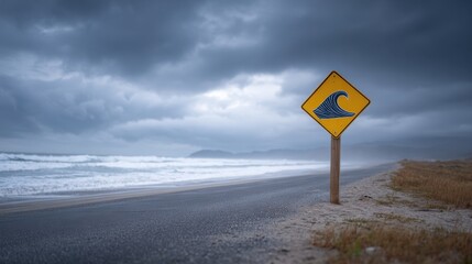 Warning Sign Shown Against a Dark Stormy Sky Near the Ocean, Indicating High Waves and Potential Dangers Along the Beachfront Area