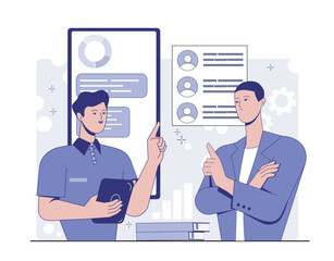 Two male characters discussing project data with charts and user profiles, modern flat graphic style on white background. Concept of teamwork and communication. Vector illustration