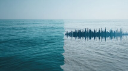 A Surreal Hybrid of Ocean and Sound Waves, Blending Nature's Calm Waters with Abstract Audio Representations in a Visually Captivating Scene