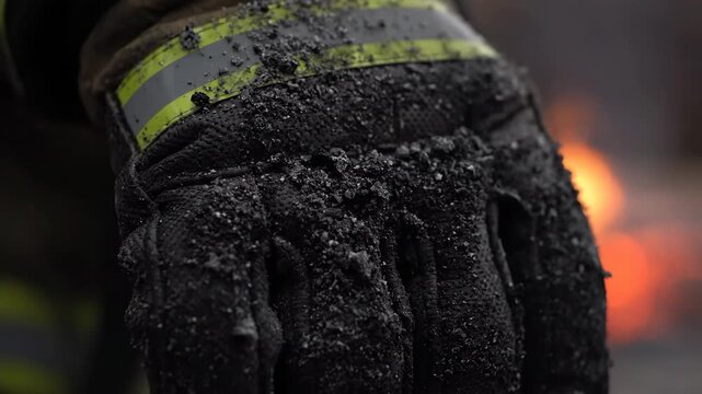 Slow, steady push-in on the texture of soot and ash covering a firefighter's glove, detailing the gritty environment