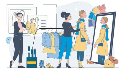A fashion stylist helping a woman choose clothes and accessories in a boutique, showing her outfit in a mirror, with color palettes. Vector illustration
