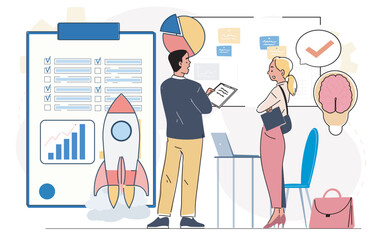 Two business professionals discuss strategy with charts, checklist and rocket icon on clipboard, in a modern flat style on white background. Concept of startup planning. Vector illustration