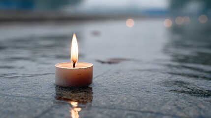 A Tranquil Scene of a Single Burning Candle Float on Water Calmly Illuminating the Surrounding Misty Environment at Dusk