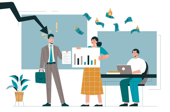 Office scene with worried employees showing a falling chart, burning money, and a stressed businessman under a downtrend arrow, on a white background. Vector illustration