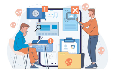 Two men analyzing suspicious digital content on a giant smartphone screen with warning icons and malware symbols on abstract background. Vector illustration
