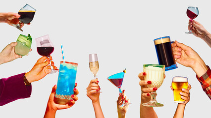 Creative collage. Hands holding colorful cocktail and wine glasses for celebration. Concept of beverage art, and festive communication for lifestyle, hospitality, and advertising visuals. Copy space
