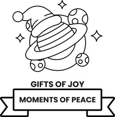 A black and white image of a hat on a planet with a ribbon that says 