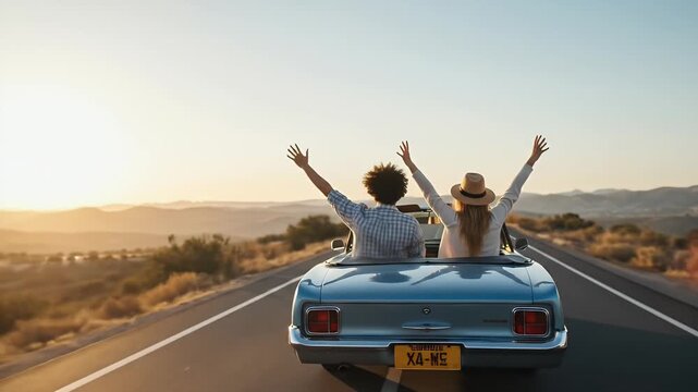 Vintage Convertible Road Trip Joyful Couple Arms Up Golden Hour Scenic Drive