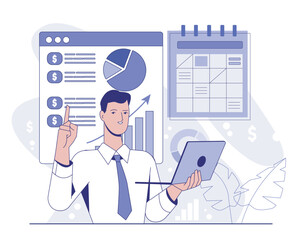 Businessman holding a laptop while pointing at financial data charts and a calendar, flat graphic style, on a white background. Concept of financial planning. Vector illustration