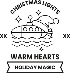 A black and white image of a submarine with a Santa hat on it