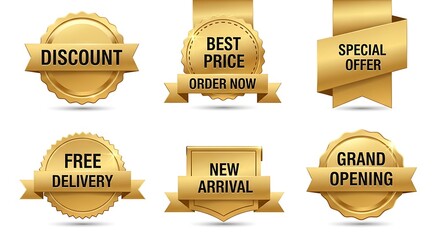 Golden Promotional Badges - Discount, Best Price, Special Offer, and More.
