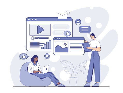 Two women collaborating on digital content, one using a laptop and the other drawing on a tablet, with interface elements on abstract background. Vector illustration