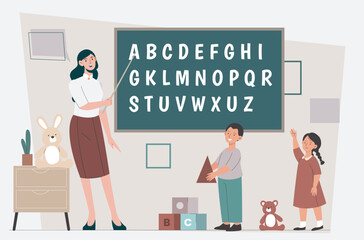 Female teacher pointing at alphabet on chalkboard with two kids learning in a classroom setting, playful and colorful cartoon style. Vector illustration