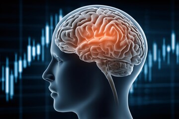 Obraz premium Human brain scan showing active area and financial data