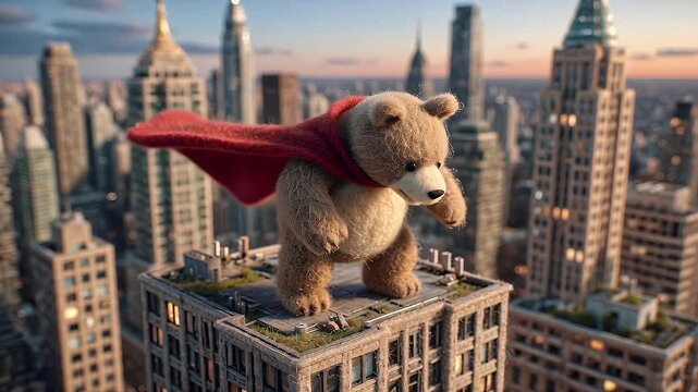 Animated teddy bear hero with cape stands atop skyscraper overlooking city skyline at sunset
