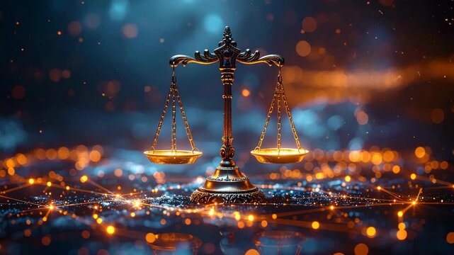 Ornate golden scales of justice balanced on a futuristic, glowing technological data network.