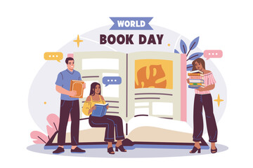 Group of people celebrating World Book Day while reading and holding books in front of a giant open book, flat cartoon style on white background. Vector illustration