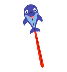Children's toothbrush in a dolphin-shaped case. Toothbrush case. Toothbrush for oral hygiene. Oral care, water treatments. Flat vector illustration on a white background