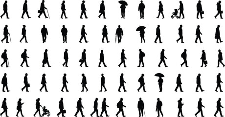 Silhouettes of walking people on city street, men and women with umbrellas, bags, and strollers, urban lifestyle vector illustration design