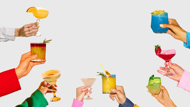 Vibrant collage template. Colorful variety of cocktails and mocktails in festive toast. Concept of bar and beverage design for creative branding, menus, and celebration visuals.