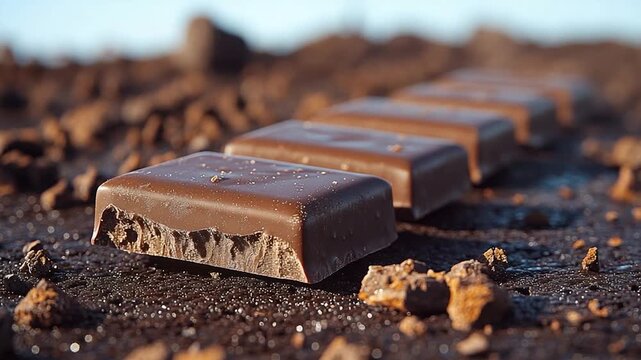 A single chocolate bar sits atop a pile of dirt, great for use in food or nature-themed contexts
