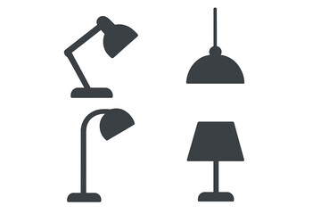 Four dark gray lighting fixture icons featuring desk and floor lamps