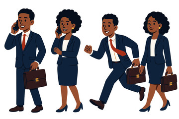 Business professionals walking and talking on mobile phones with briefcases