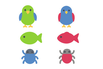 Colorful set of simple icons depicting bird fish and beetle shapes