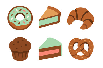 Various sweet baked goods and pastry icons for food design