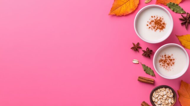 Vibrant Pink Fall Latte with Cinnamon and Autumn Leaves, Cozy and Warm Thanksgiving Drink, Perfect for Seasonal Celebrations and Cheer