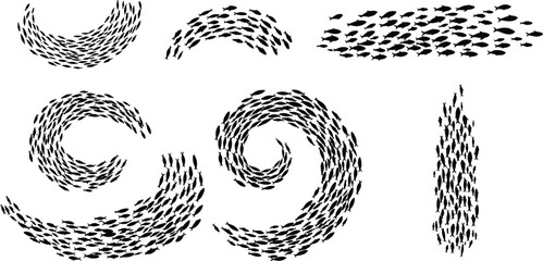 Underwater school of fish swimming in spiral and circular formations, black silhouette pattern on white background, marine life movement illustration, ocean wildlife design © Md