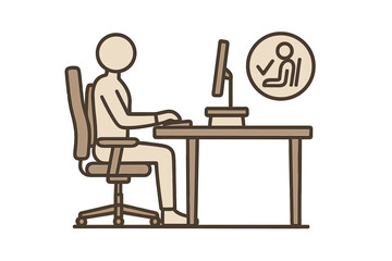 Figure seated at office desk demonstrating proper ergonomic computer posture