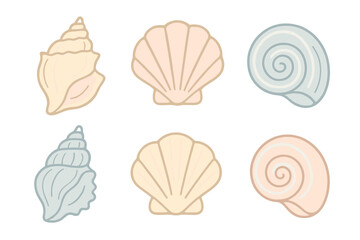 Six stylized seashells in soft pastel colors for beach theme