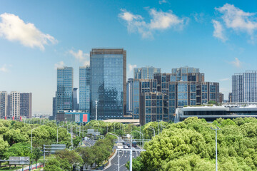 A Stunning Urban Landscape with Modern Skyscrapers Surrounded by Lush Greenery