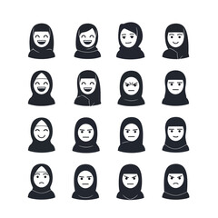 Diverse set of Muslim women wearing hijabs expressing various emotions.