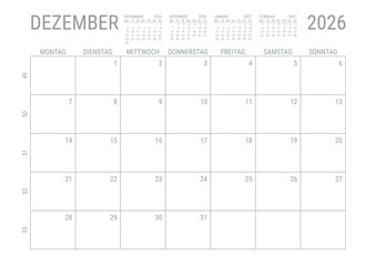 Dezember 2026 Monat Kalender Monatskalender Kalenderblatt Kalendarium mit Kalenderwoche Planer DIN A4 Deutsch	