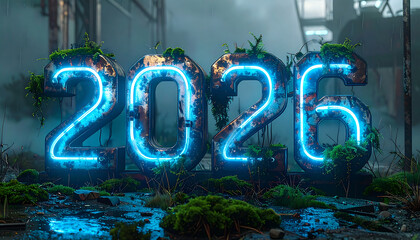 Futuristic 2026 Neon Sign with Lush Greenery.