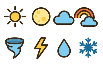 Colorful set of weather condition icons featuring sun, moon, clouds, and rain