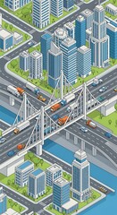 Isometric Cityscape with Bridge and Traffic - Urban Planning Illustration.