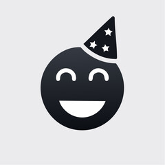 Cheerful smiley face icon with party hat isolated on neutral background