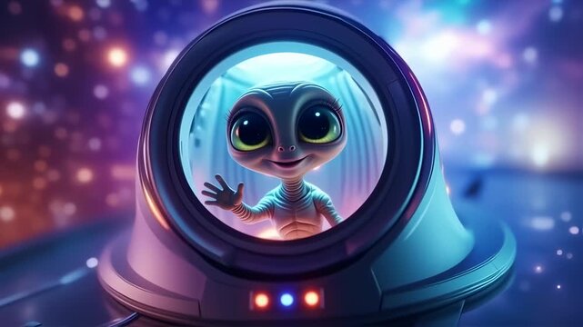 Cute Alien Waving from Spaceship Window in Cosmic Background.