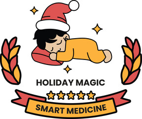 A cartoon of a child sleeping with a red and yellow ribbon around him