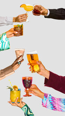 Hands toasting with cocktails, wine, and beer in festive arrangement. Concept of joy, unity, and celebration for lifestyle, bar branding, hospitality, and beverage menu visuals.