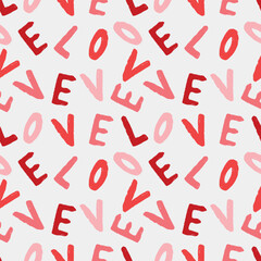Hand drawn Valentines day seamless pattern with letters in red color with the word LOVE. Vector sketch illustration in vintage crayon charcoal style. Wrapping paper, wallpaper design, print