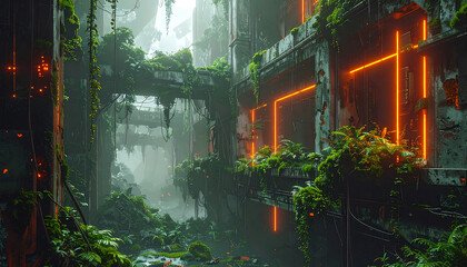 Futuristic Cityscape Overgrown with Lush Greenery and Neon Lights.
