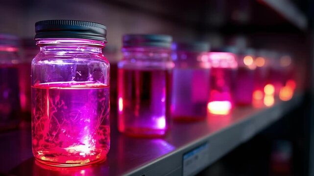 Row of glass jars filled with glowing pink and purple liquids on a shelf, illuminated by UV light.