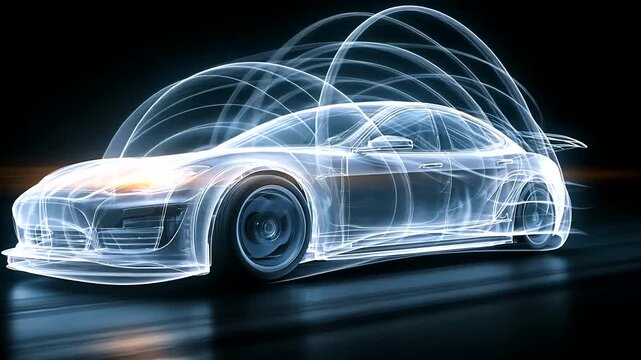 Futuristic Electric Car in Motion with High-Tech Transparent Design Display