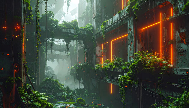 Futuristic Cityscape Overgrown with Lush Greenery and Neon Lights. - Powered by Adobe
