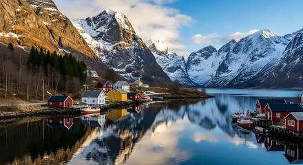 Plexiglas schilderij Lofoten Scenic Lofoten Islands Reflection - Snow-Capped Peaks and Quaint Village.  © fidal